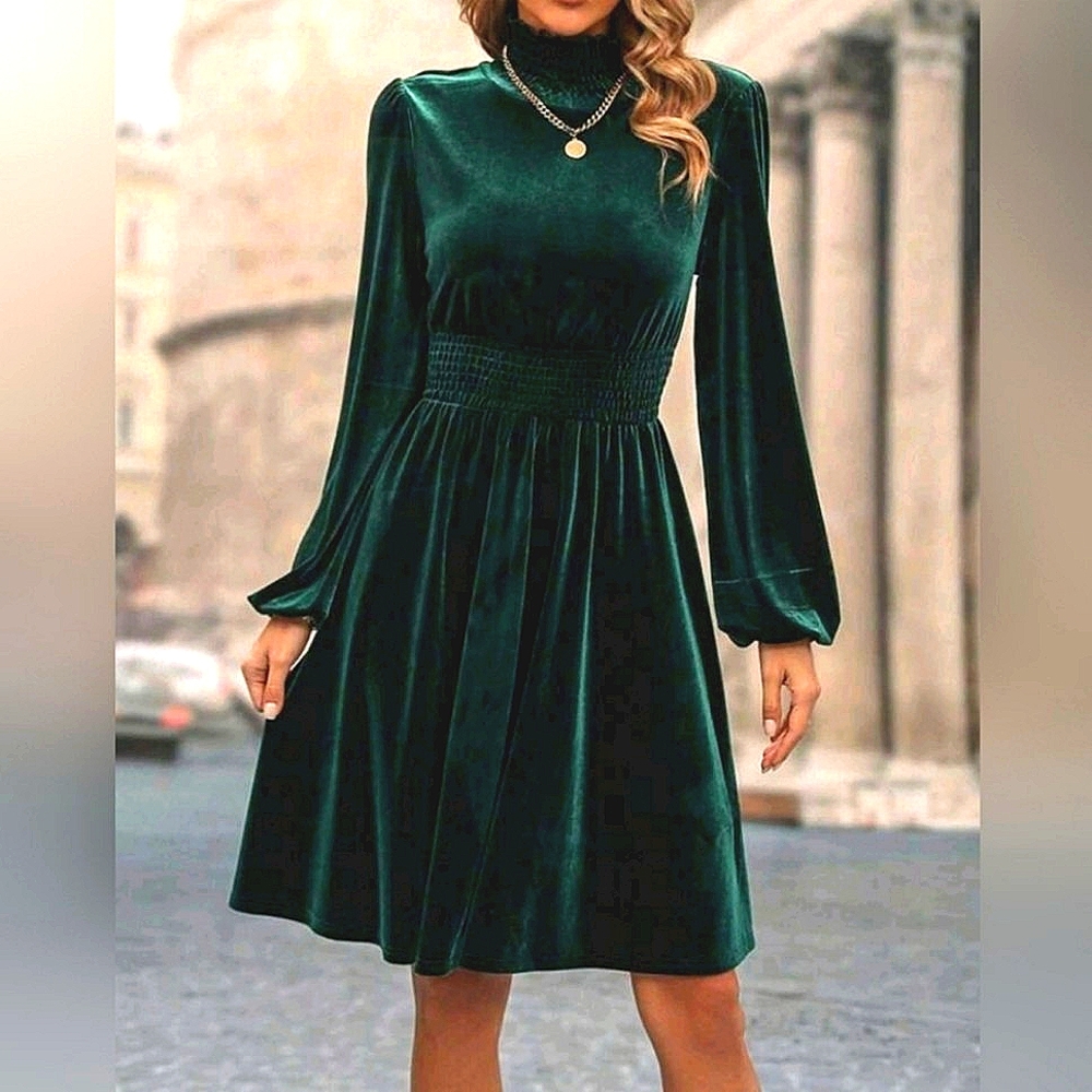 * New Luxe Velvet Smocked Turtleneck Dress Dark Green